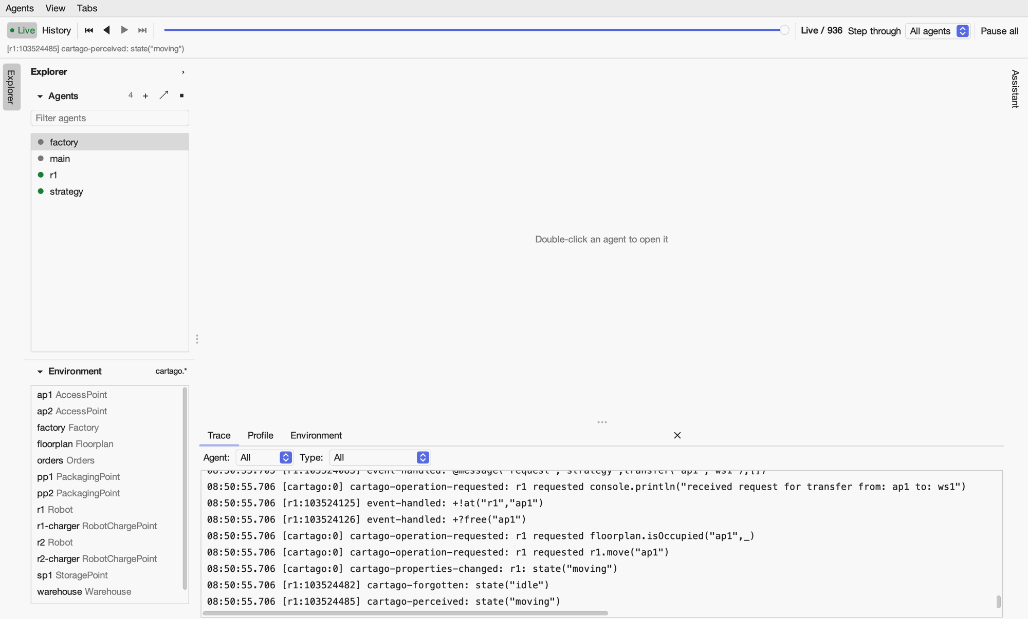 The ASTRA GUI: the timeline bar along the top, the Explorer on the left listing agents and CArtAgO artifacts, the main area for tabs, the panel with the Trace, Profile and Environment tabs below it, and the Assistant collapsed on the right.