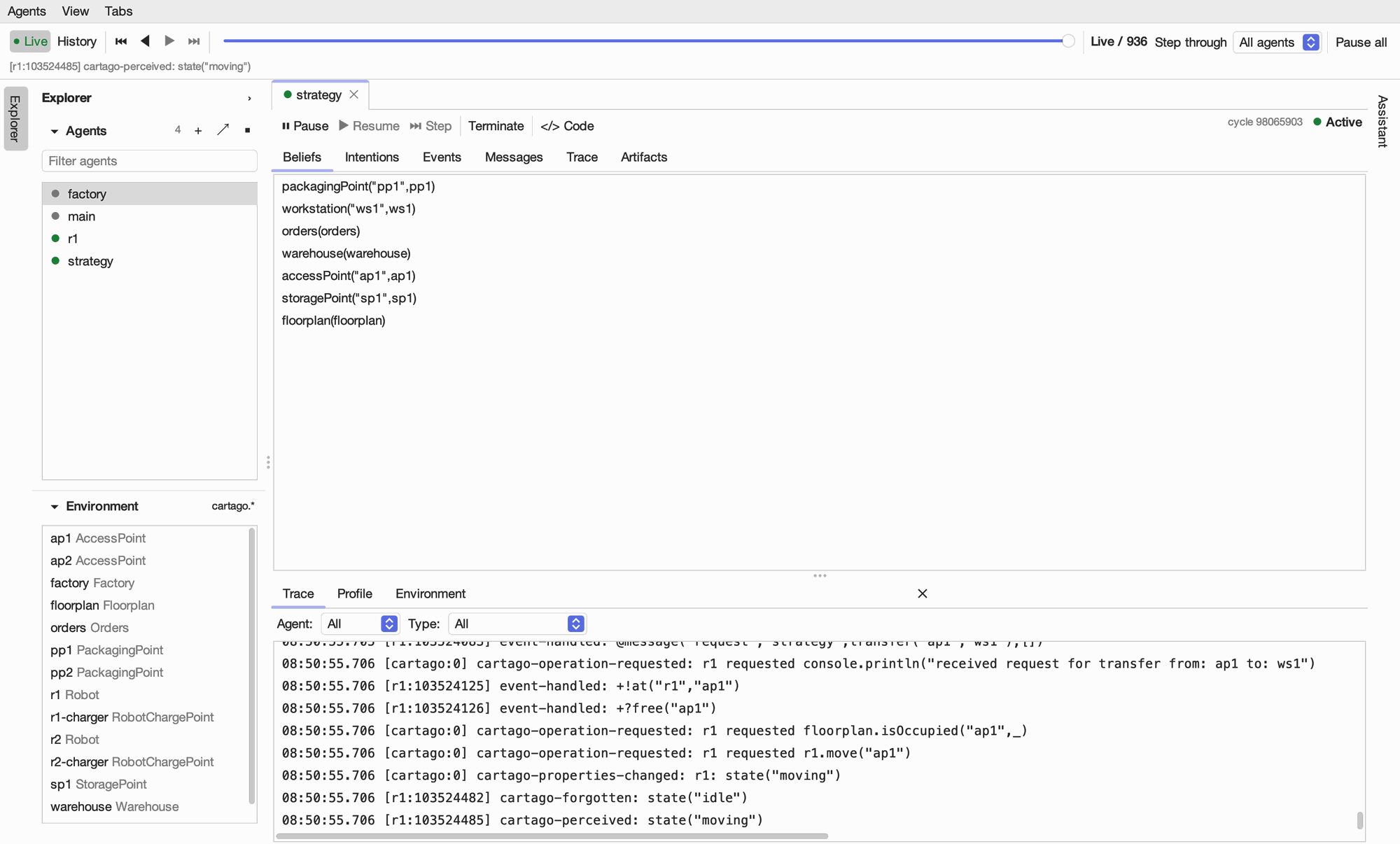 An agent's Beliefs tab, listing the artifacts it knows about, such as accessPoint("ap1",ap1) and warehouse(warehouse).