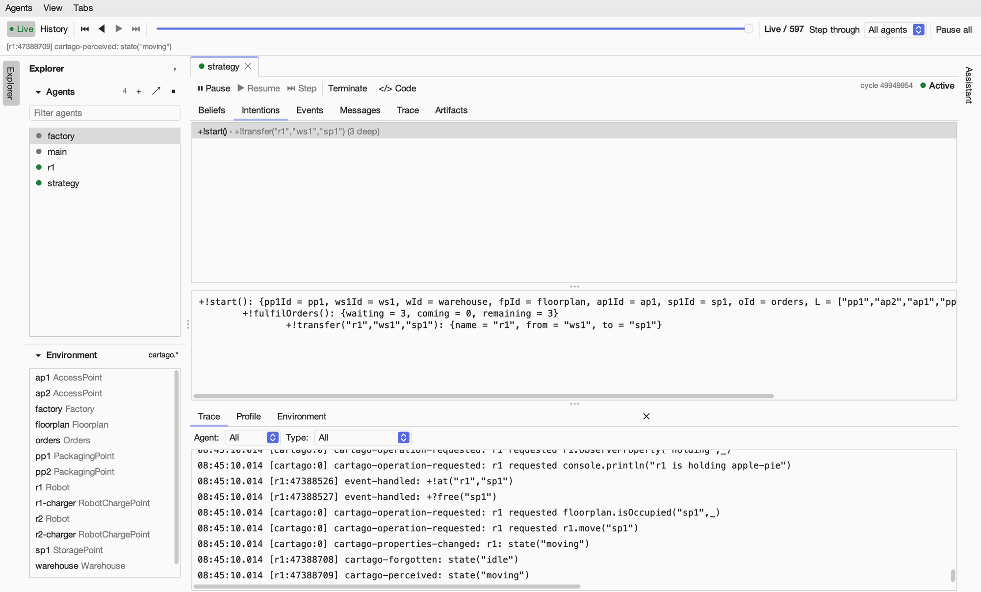 The Intentions tab with an intention selected: +!start() and its subgoals +!fulfilOrders() and +!transfer("r1","ws1","sp1"), each with its variable bindings, such as {name = "r1", from = "ws1", to = "sp1"}.