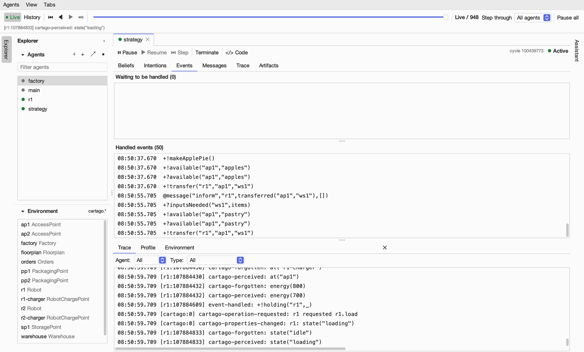 The strategy agent's Events tab: no events waiting, and its handled events with their times, such as +!makeApplePie() and the message @message("inform","r1",transferred("ap1","ws1"),[]).