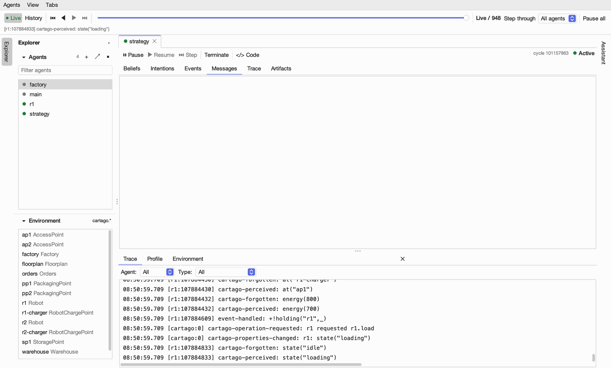 The Messages tab of an agent, listing the requests and replies it has exchanged.