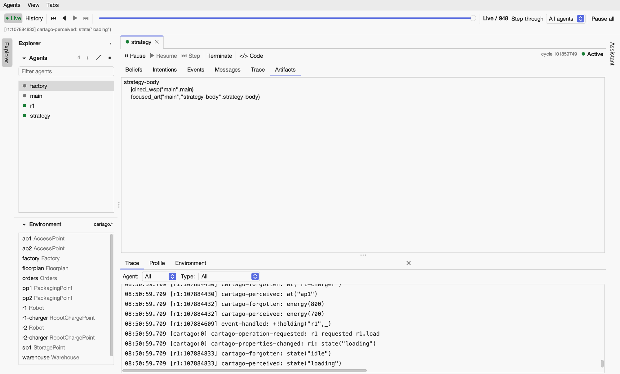 The Artifacts tab, showing the properties the agent perceives from the artifacts it is focused on.