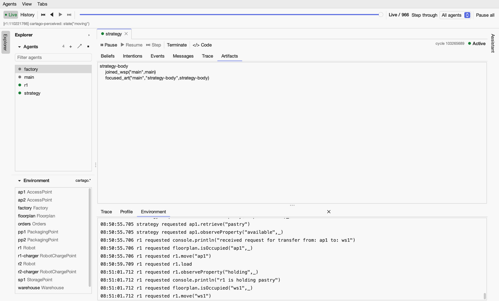 The Environment tab of the panel, listing workspace events such as "r1 requested r1.move("ap1")" and "r1 requested r1.load".