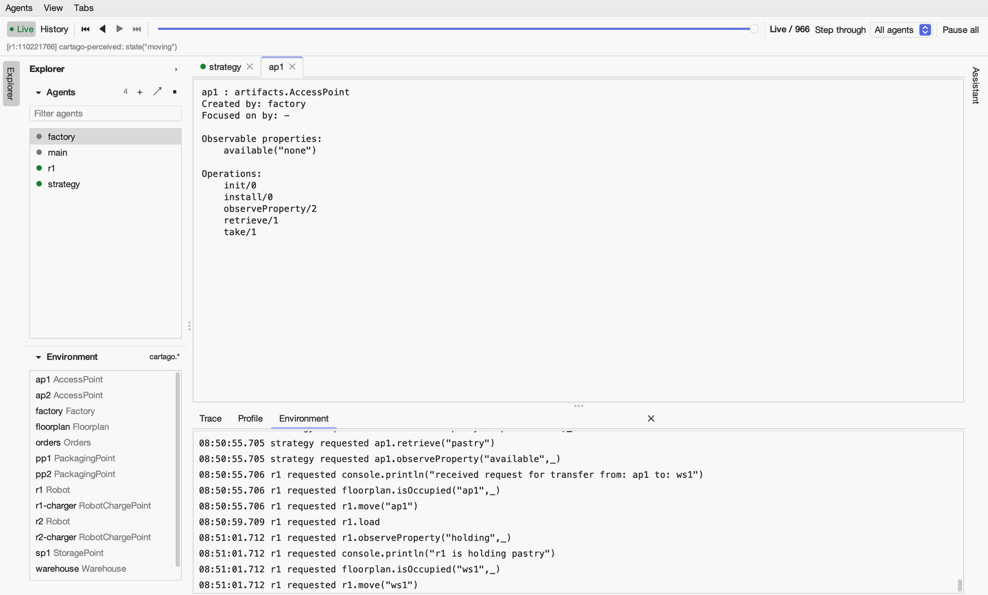 The tab of the artifact ap1: an artifacts.AccessPoint created by factory, with its observable property available("none") and its operations init, install, observeProperty, retrieve and take.