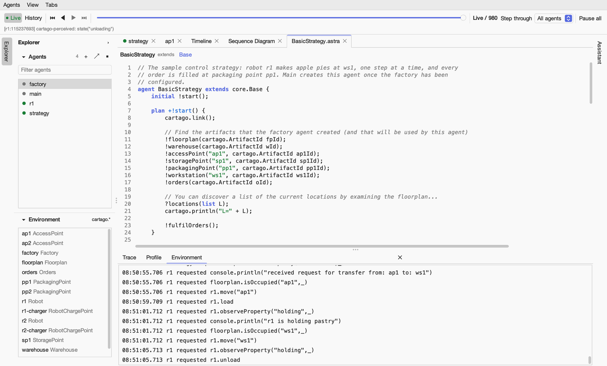 An agent's code: BasicStrategy.astra with syntax highlighting and line numbers.