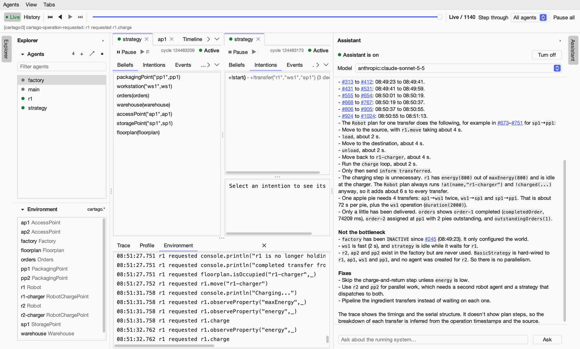 The assistant's answer to "Why is the factory slow to deliver orders? Which agent is the bottleneck?": the bottleneck is r1, which does every move one at a time and goes back to its charger after every transfer, making each transfer take about 18 seconds; the evidence cites trace events such as #412 and #531.
